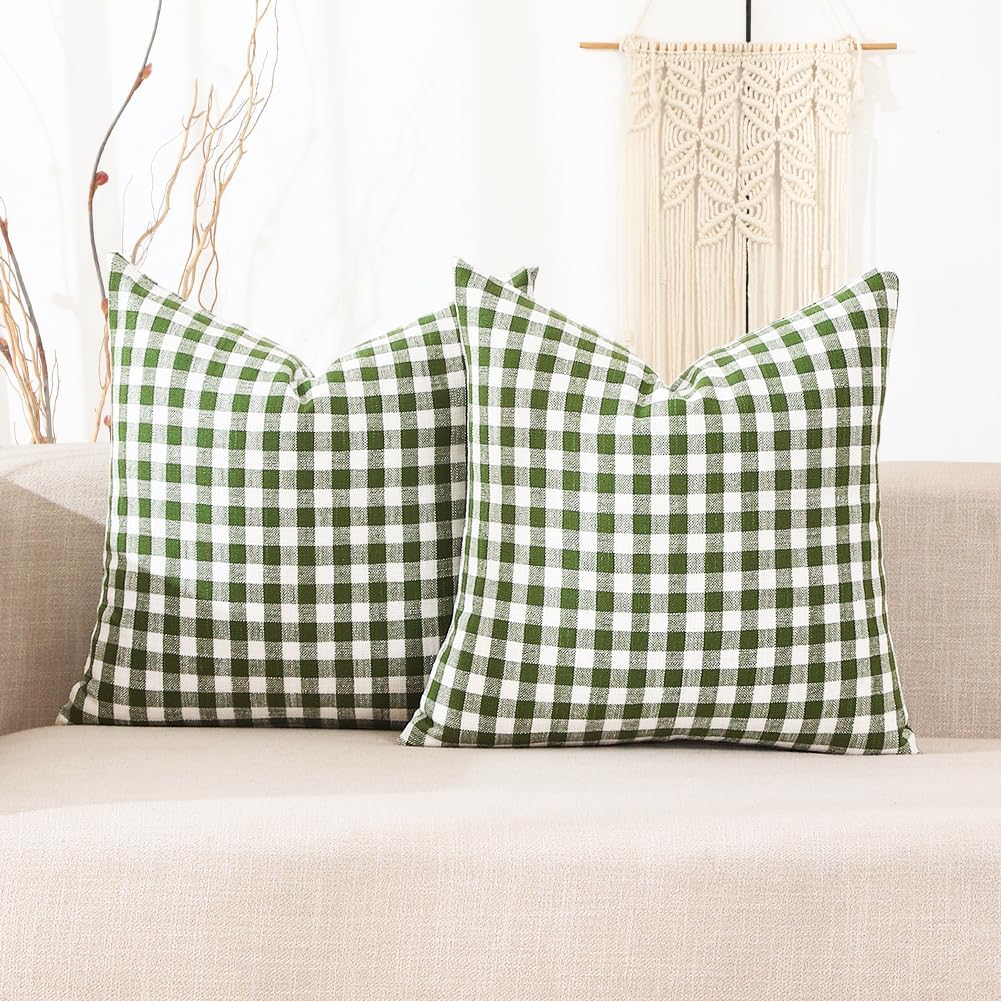 Farmhouse Beige Pillow Cover — 20" — Green & White Gingham Set of 2