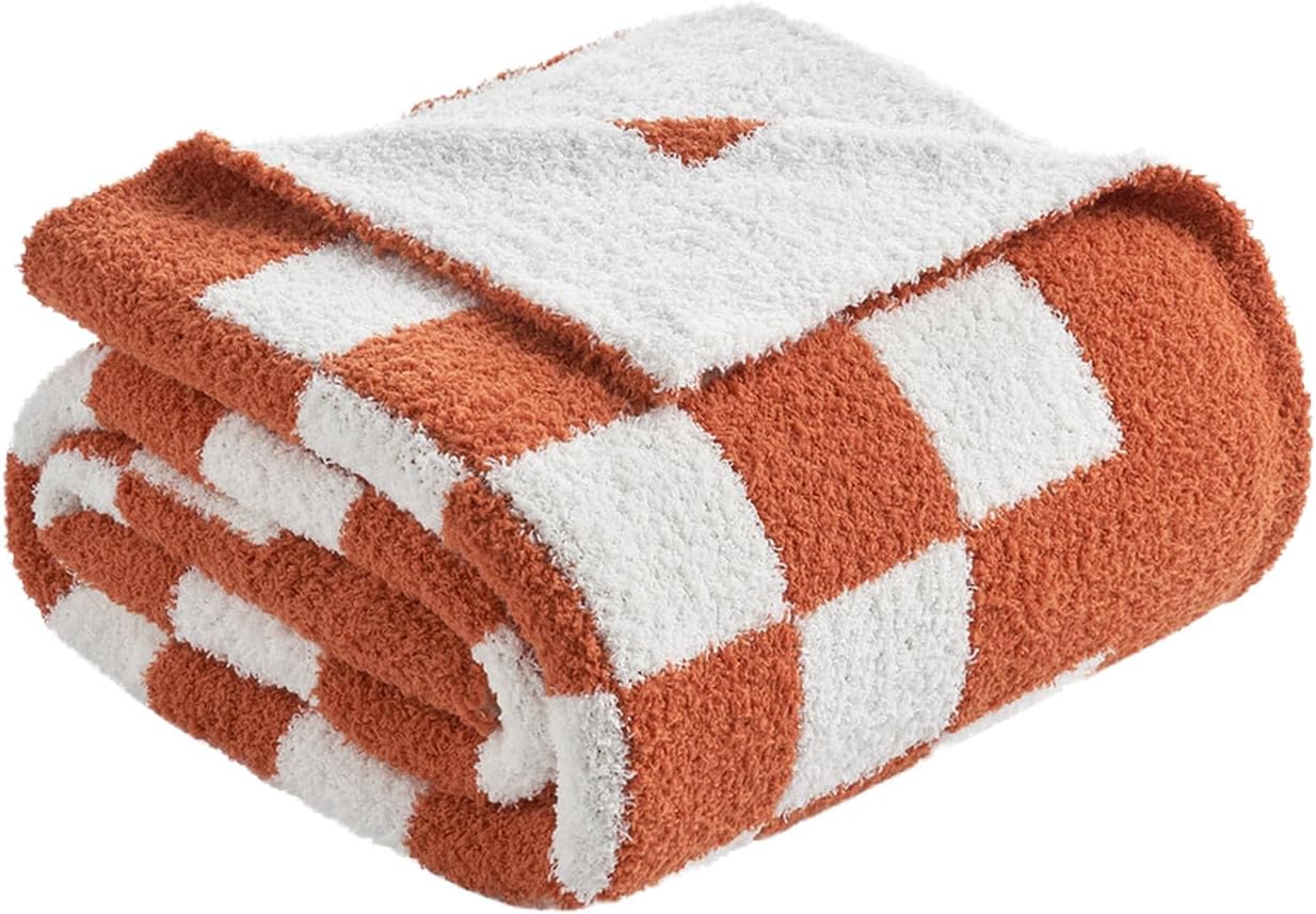 Knit Beige Throw Pillow — 50" — Checkered Burnt Orange