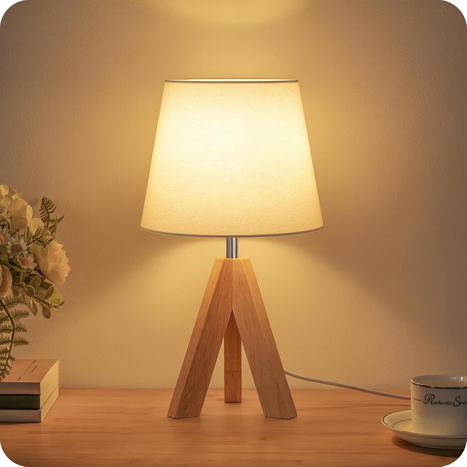 Linen Modern Beige Bedside Lamp — 6" — White+Natural Wood