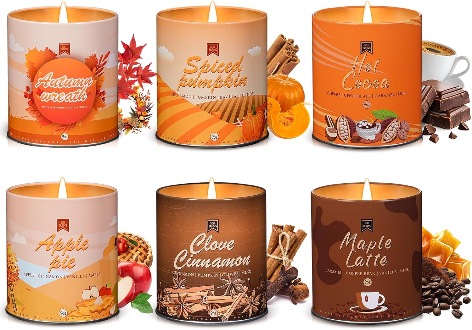 Soy Wax Metal Scented Candle — Cinnamon Apple/Cinnamon Vinilla/Clove Cinnamon/Cinnamon Pumpkin/Coffee/Hot Chocolate