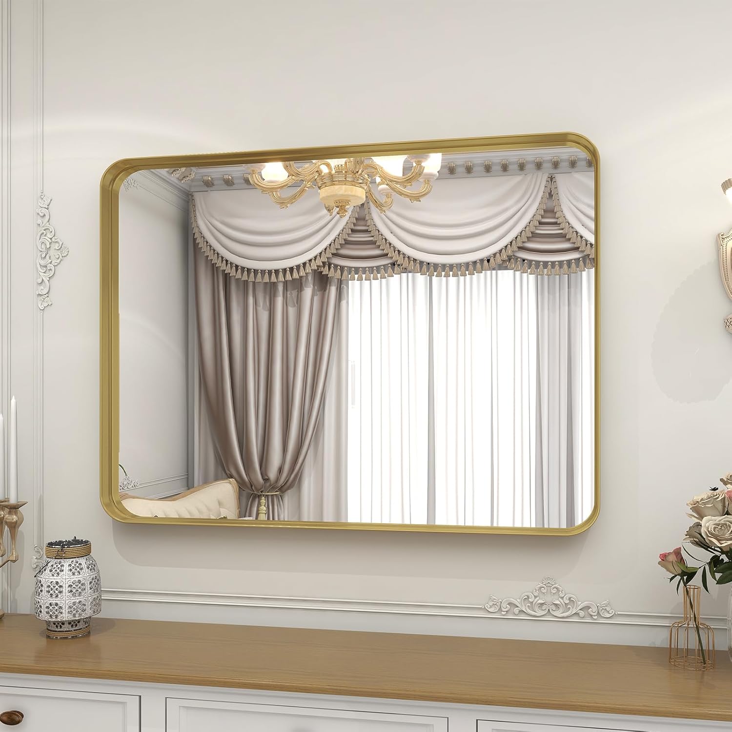 Round Modern Black Mirror — 24" — Gold
