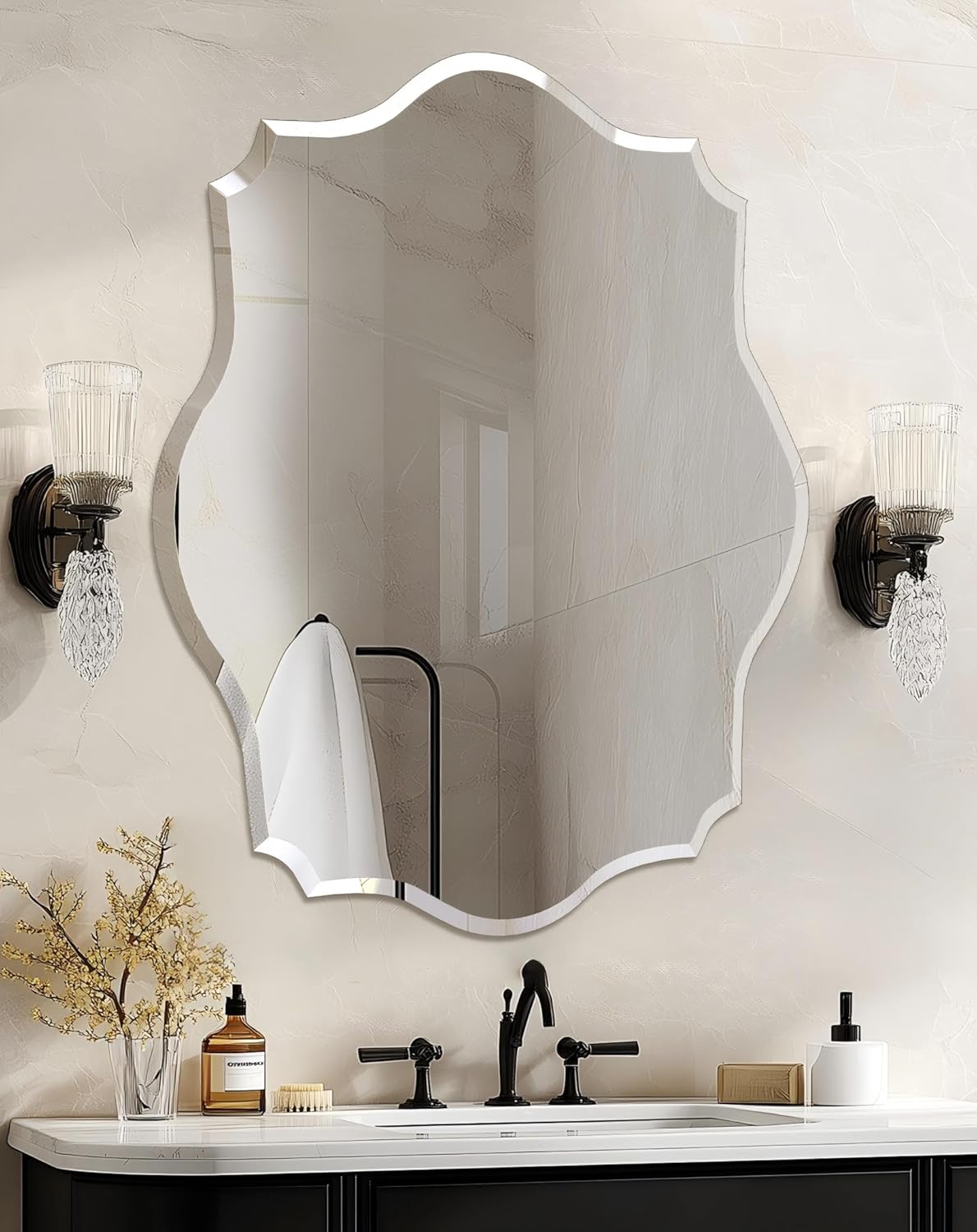 Beveled Beige Wall Mirror — 32" — Silver-scallop Oval