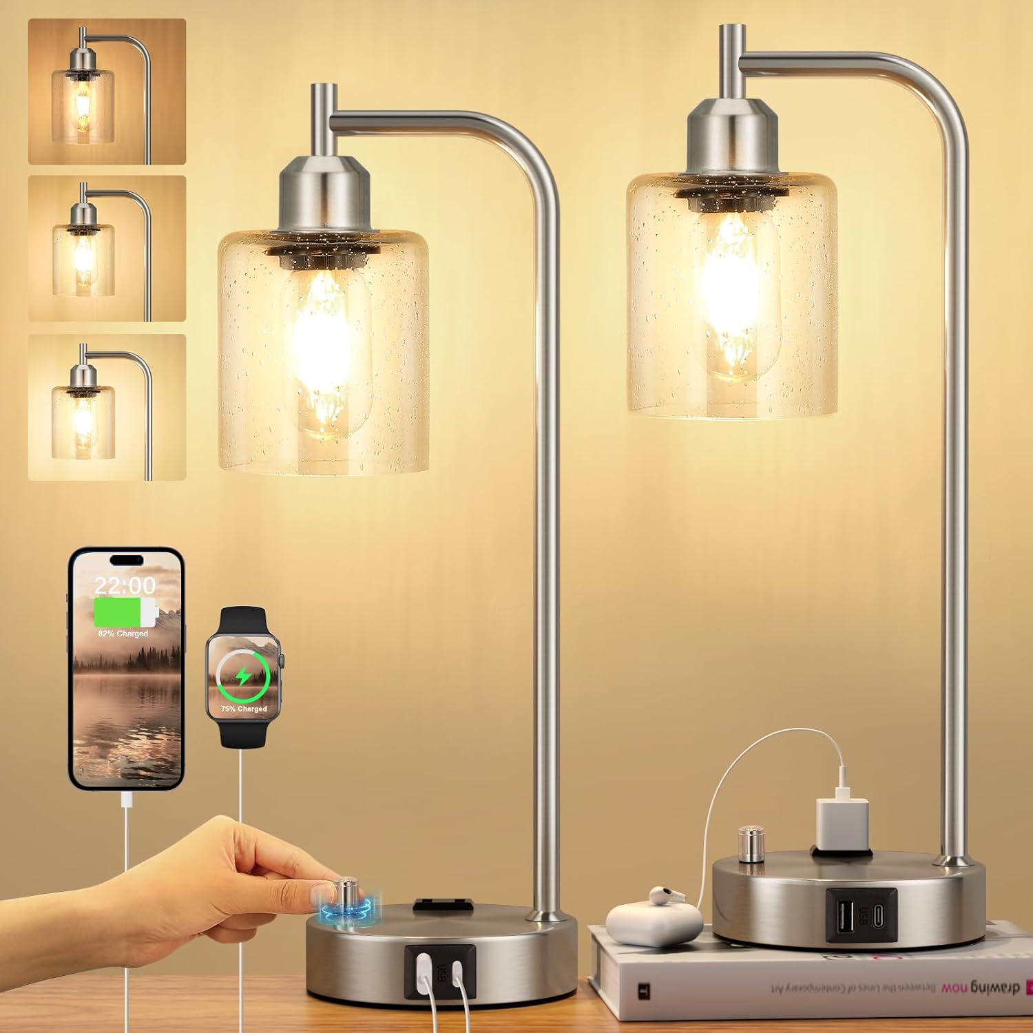 Dimmable Brown Bedside Lamp — Set of 2 — Brushed Nickel