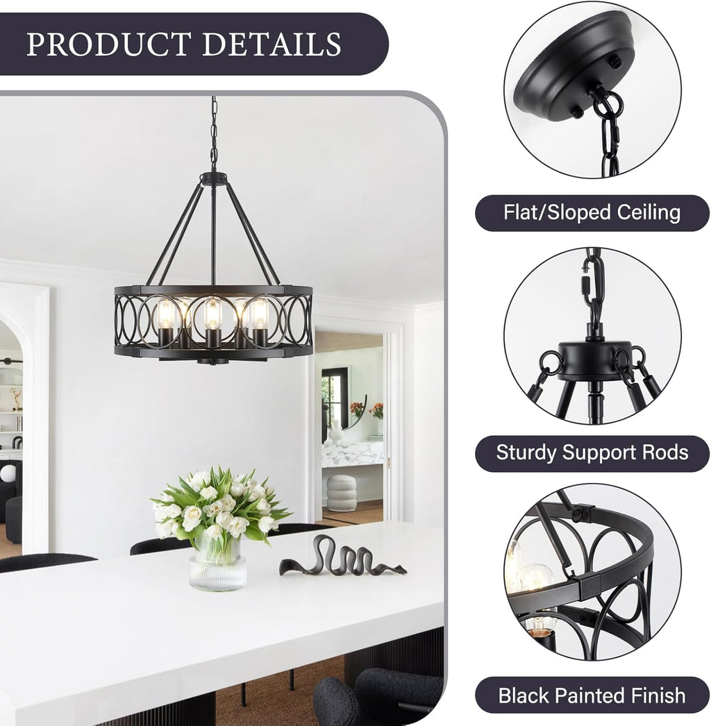 Round Farmhouse Black Chandelier — 5-Light - View 5