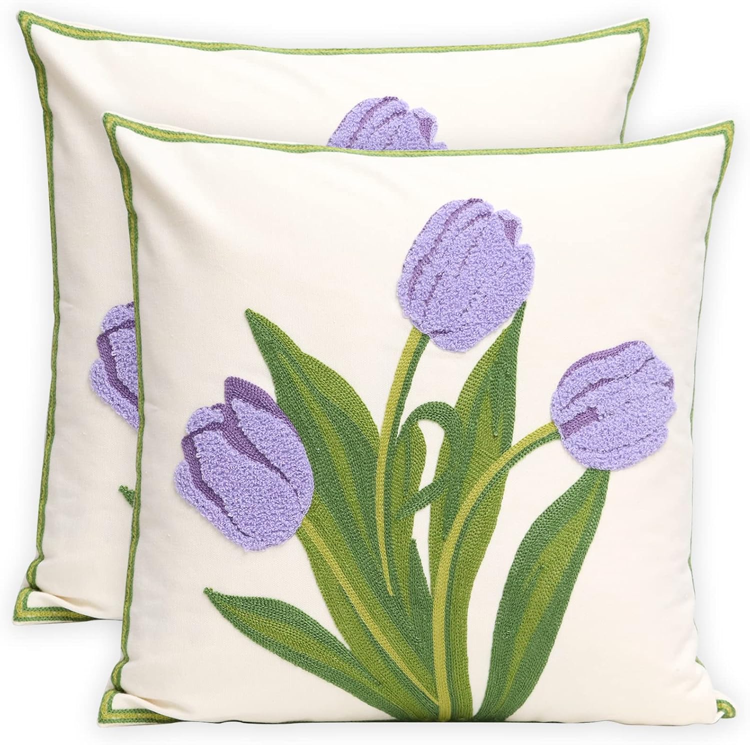 Embroidered Boho Blue Throw Pillow Cover — 18" — Purple Tulip