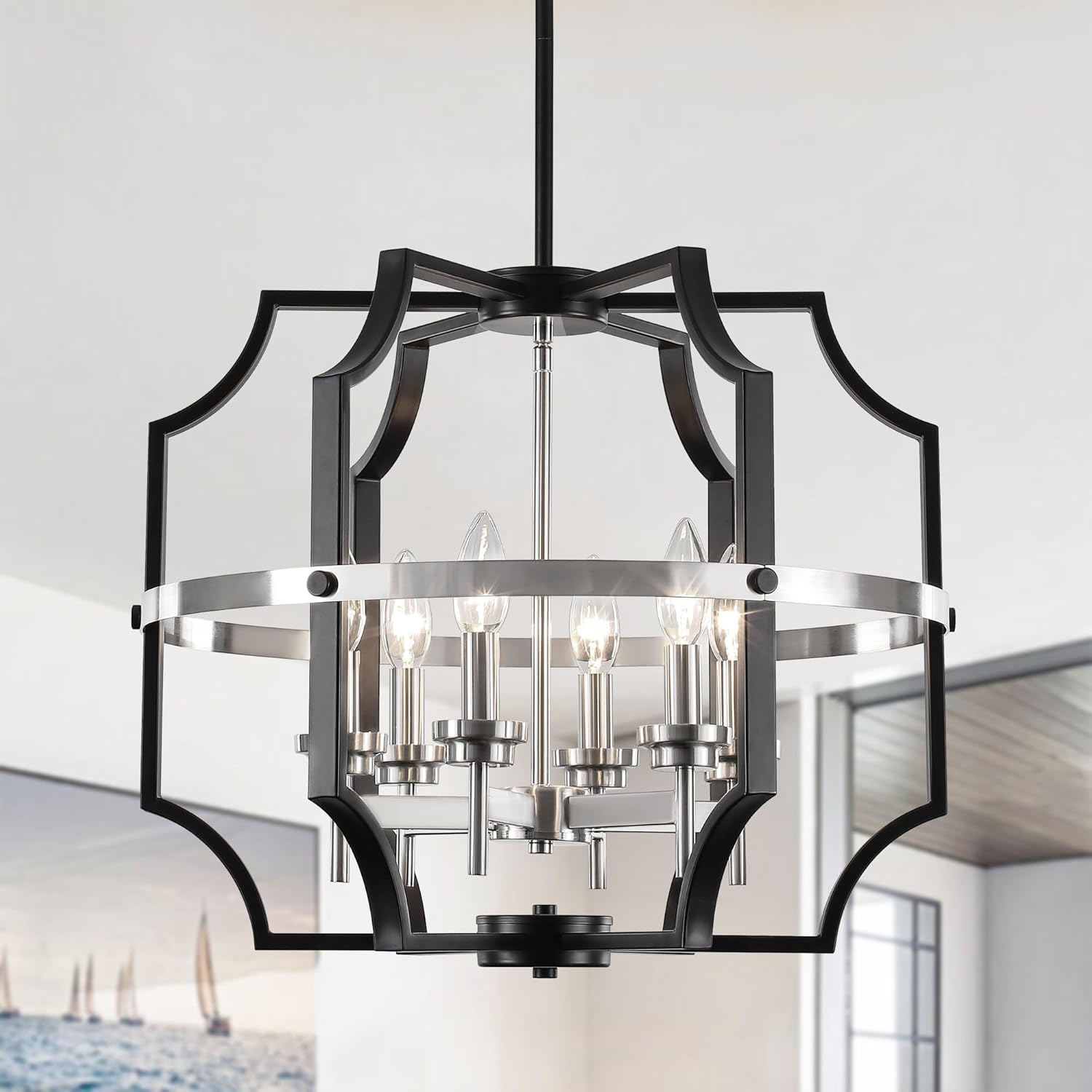 Farmhouse Black Chandelier — 5-Light — 6-Light Black&Brushed Nickel