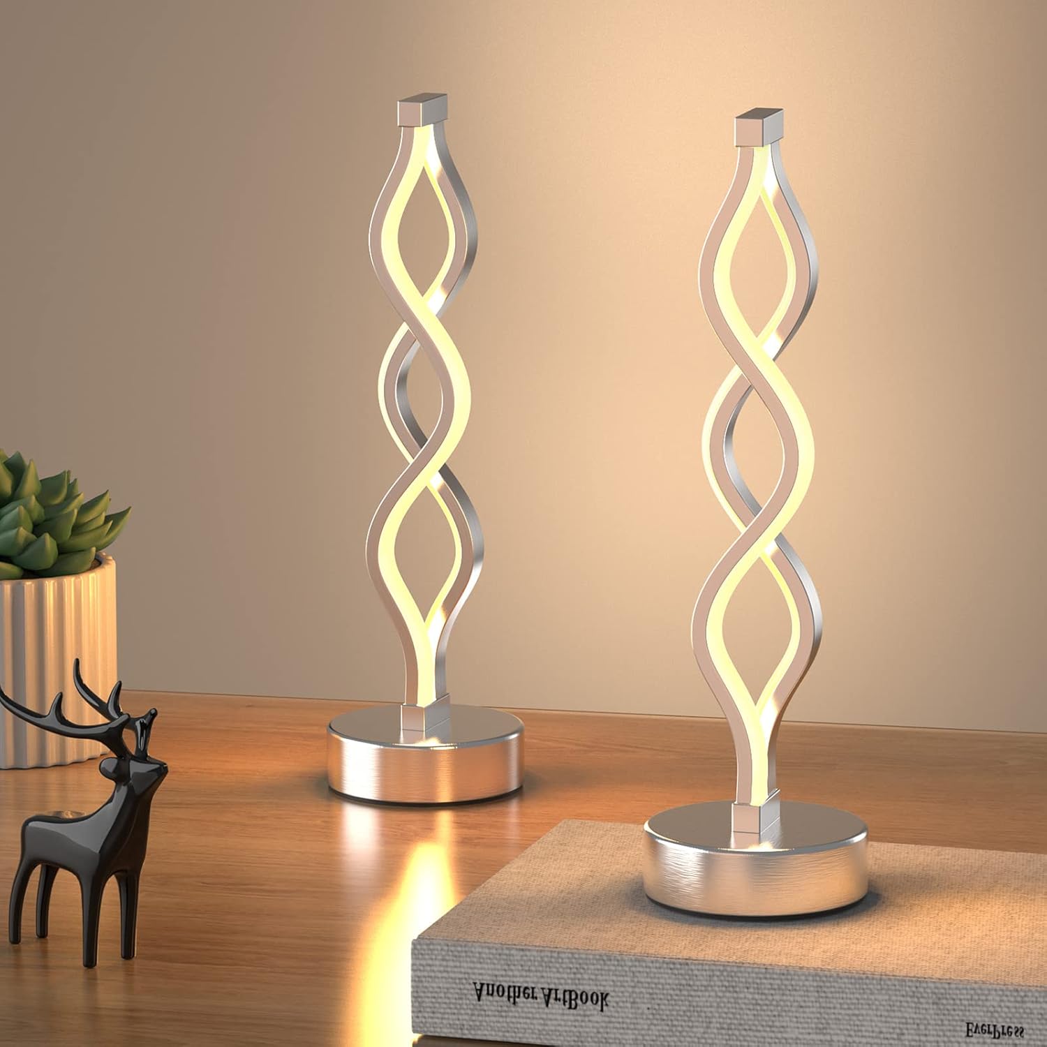 Dimmable Black Bedside Lamp — 8" — Silver 2 Pack