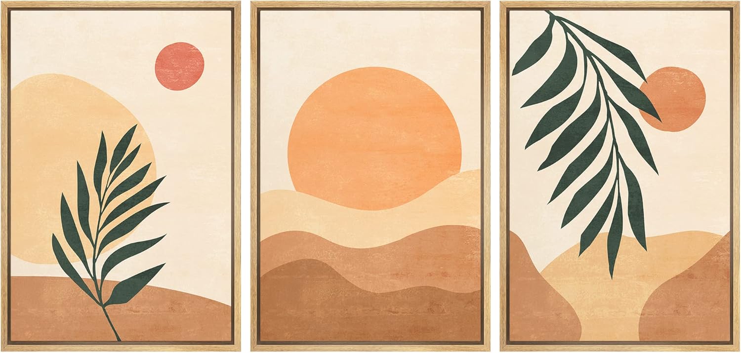 Framed Boho Fabric Wall Art — 16" — 16" x 24" x 3 Panels NATURAL
