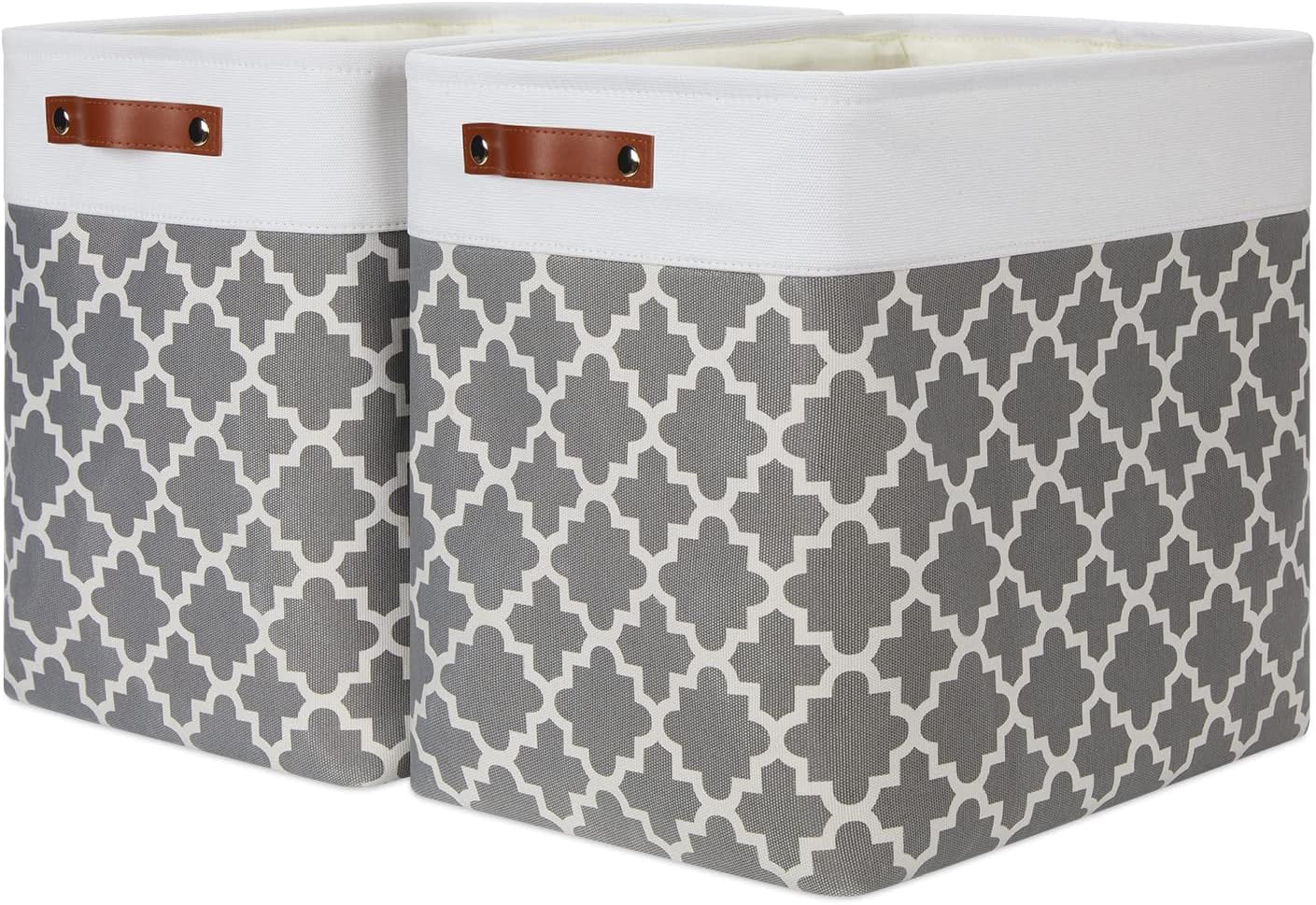 Beige Storage Basket — 17" — White&Lattice Grey-Leather Handles
