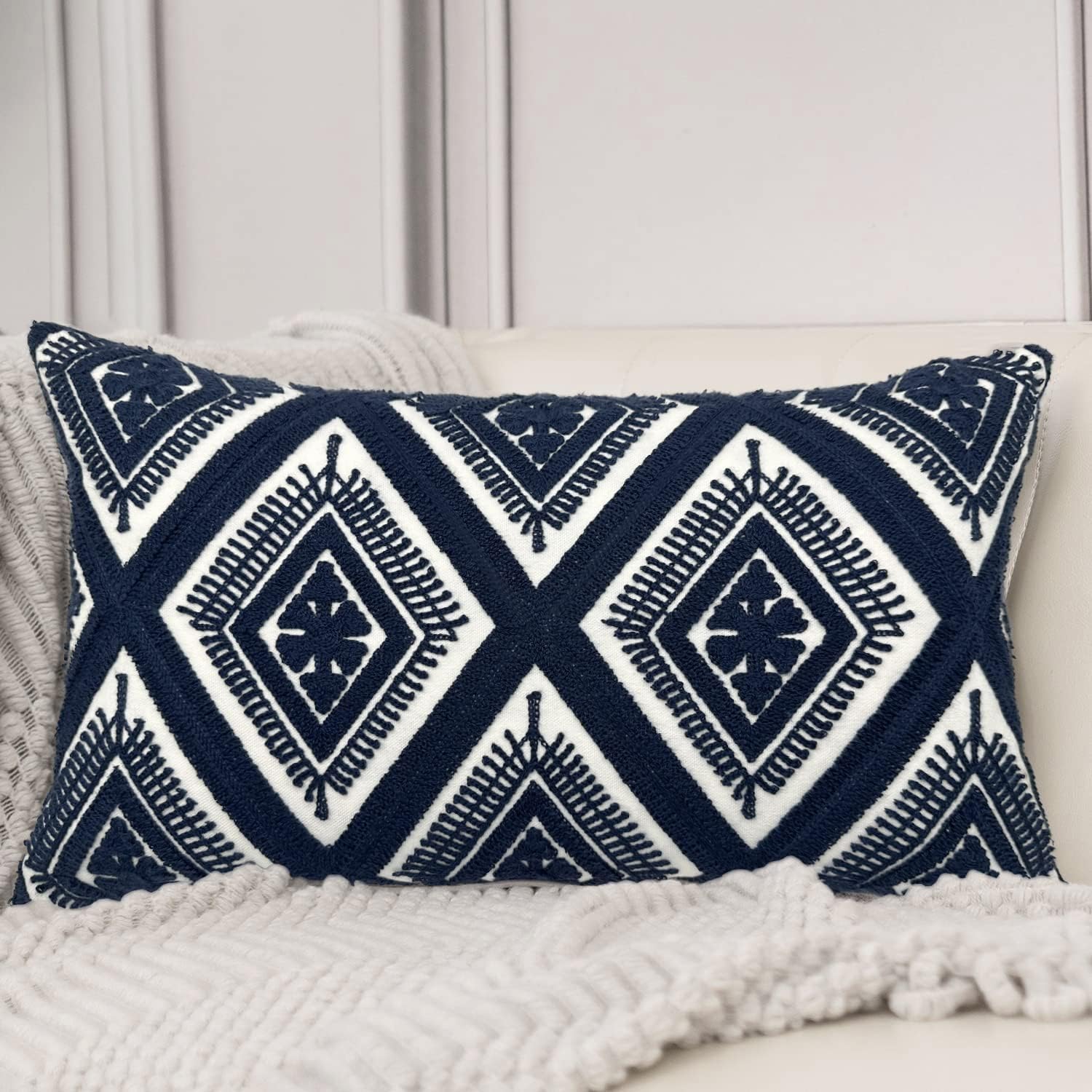 Tufted Boho Beige Throw Pillow Cover — 18" — Diamond - Navy Blue