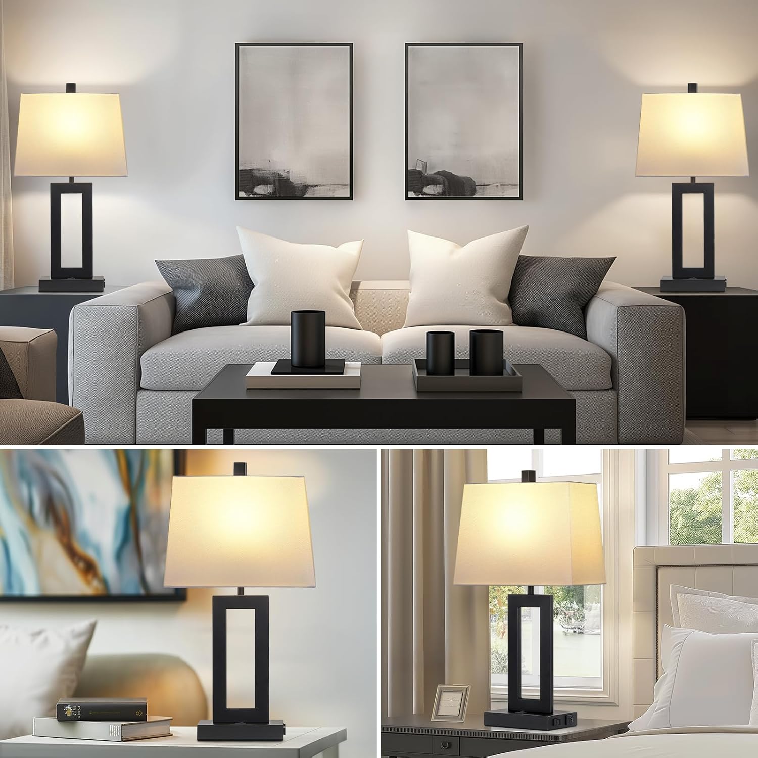 USB Modern Black Bedside Lamp — Set of 2 - View 3