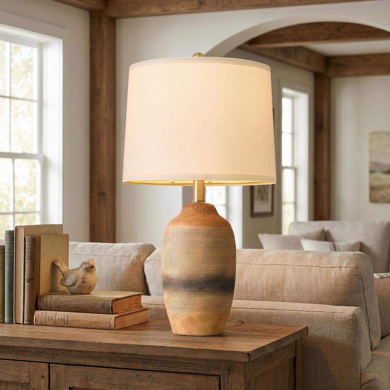 Vintage Farmhouse Beige Bedside Lamp — 24.5" — 24.5" Earthy Yellow-1