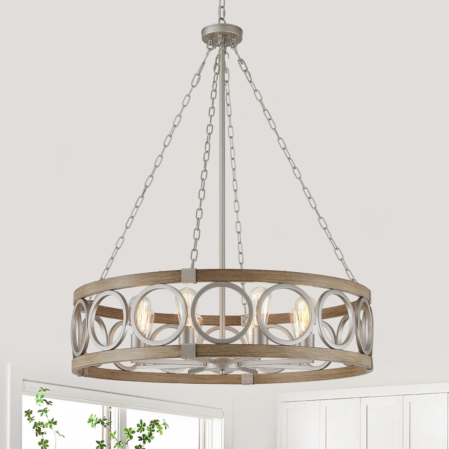 Round Farmhouse Black Chandelier — 5-Light — Nickel Wood Wood Grain -8 Light