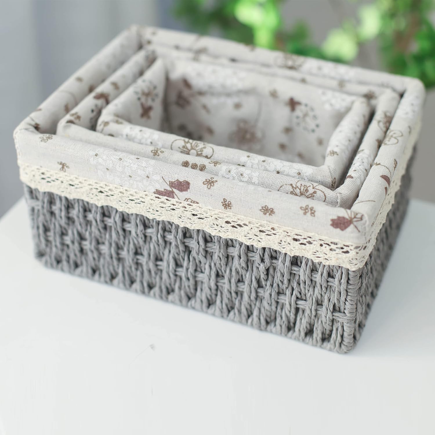 Rectangular Boho Beige Storage Basket — Set of 3 - View 3