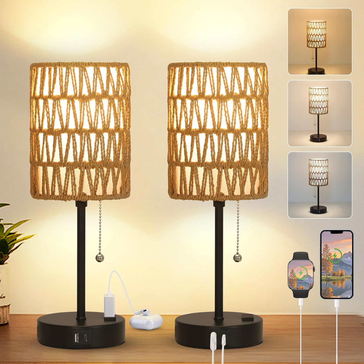 Dimmable Boho Black Desk Lamp — Black-2pack-pullchain