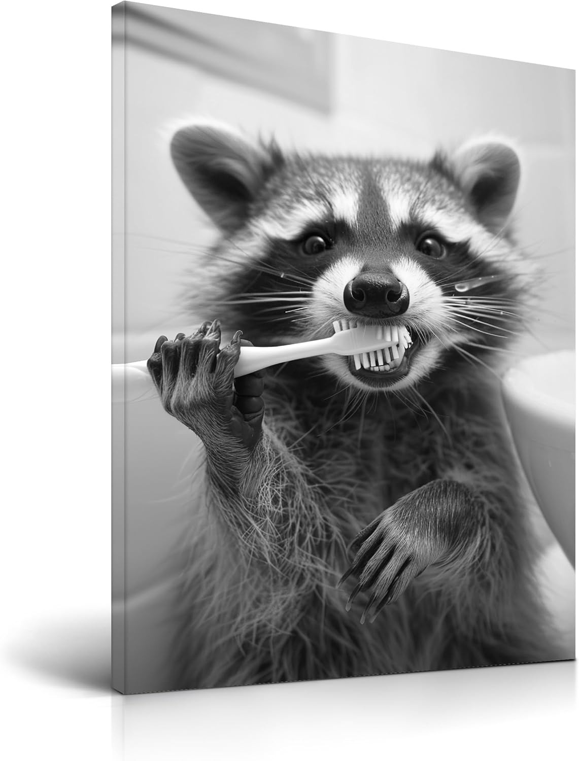 Black Framed Wall Art — 16" — Framed Raccoon Brushing