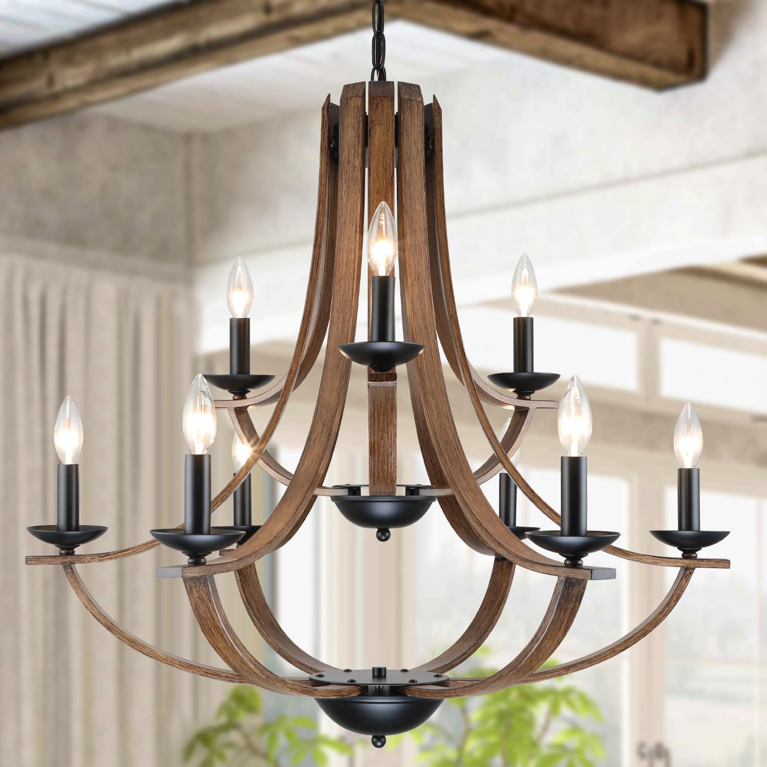 Vintage Farmhouse Black Chandelier — 4-Light — Black+Faux Walnut-D6+3