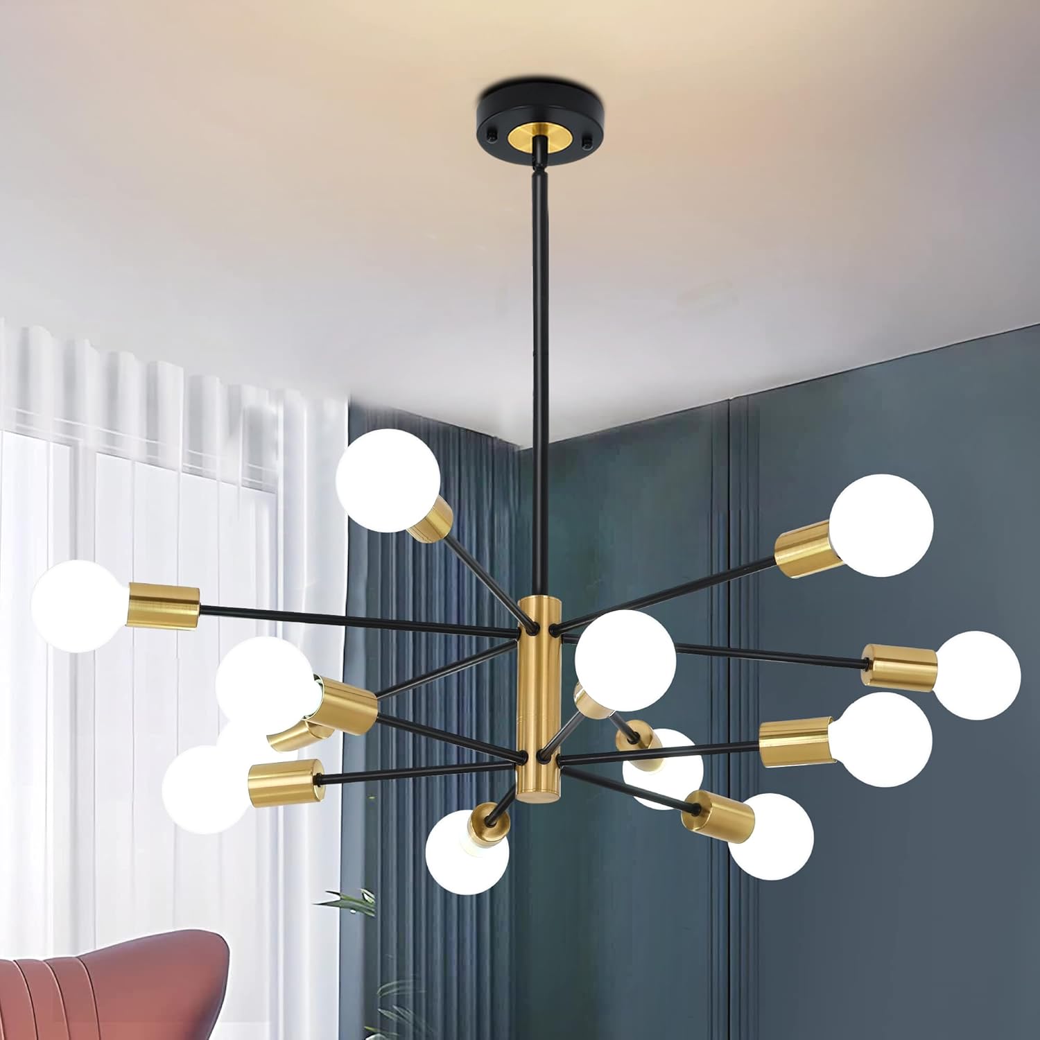 Adjustable Luxe Black Chandelier — 12-Light — Black Gold