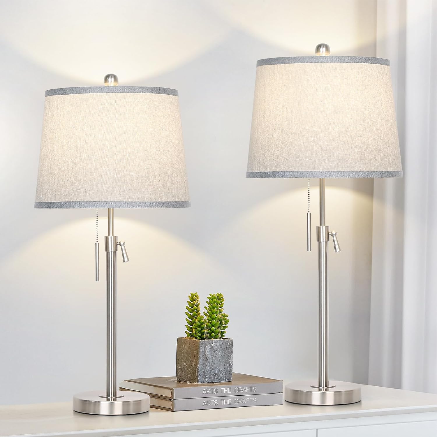 Dimmable Modern Beige Nightstand Lamp — Set of 2 — Silver+Gray Shade Set of 2
