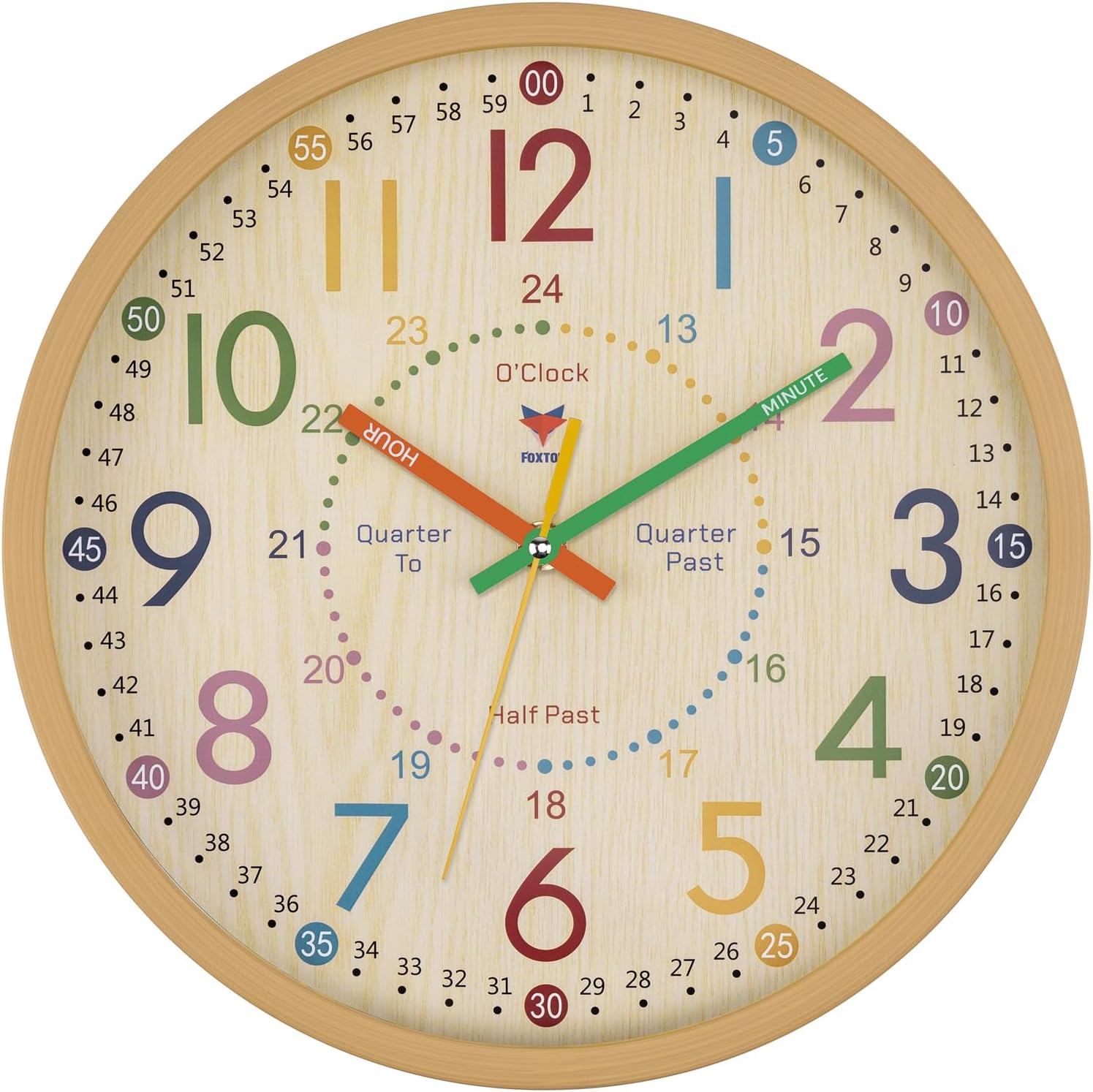Battery Operated Yellow Wall Clock — 12" — Multicolor 24 Hour