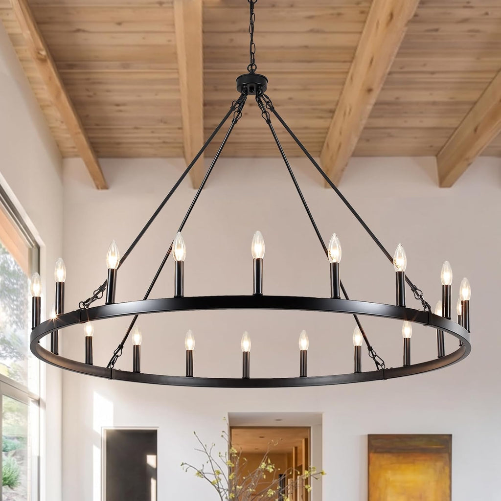 Round Farmhouse Black Chandelier — 12-Light — Black - 20 Lights - 47in