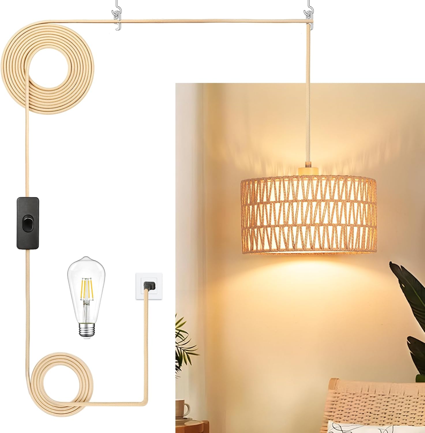 Dimmable Boho Fabric Pendant Light — Woven Drum + Linen/2