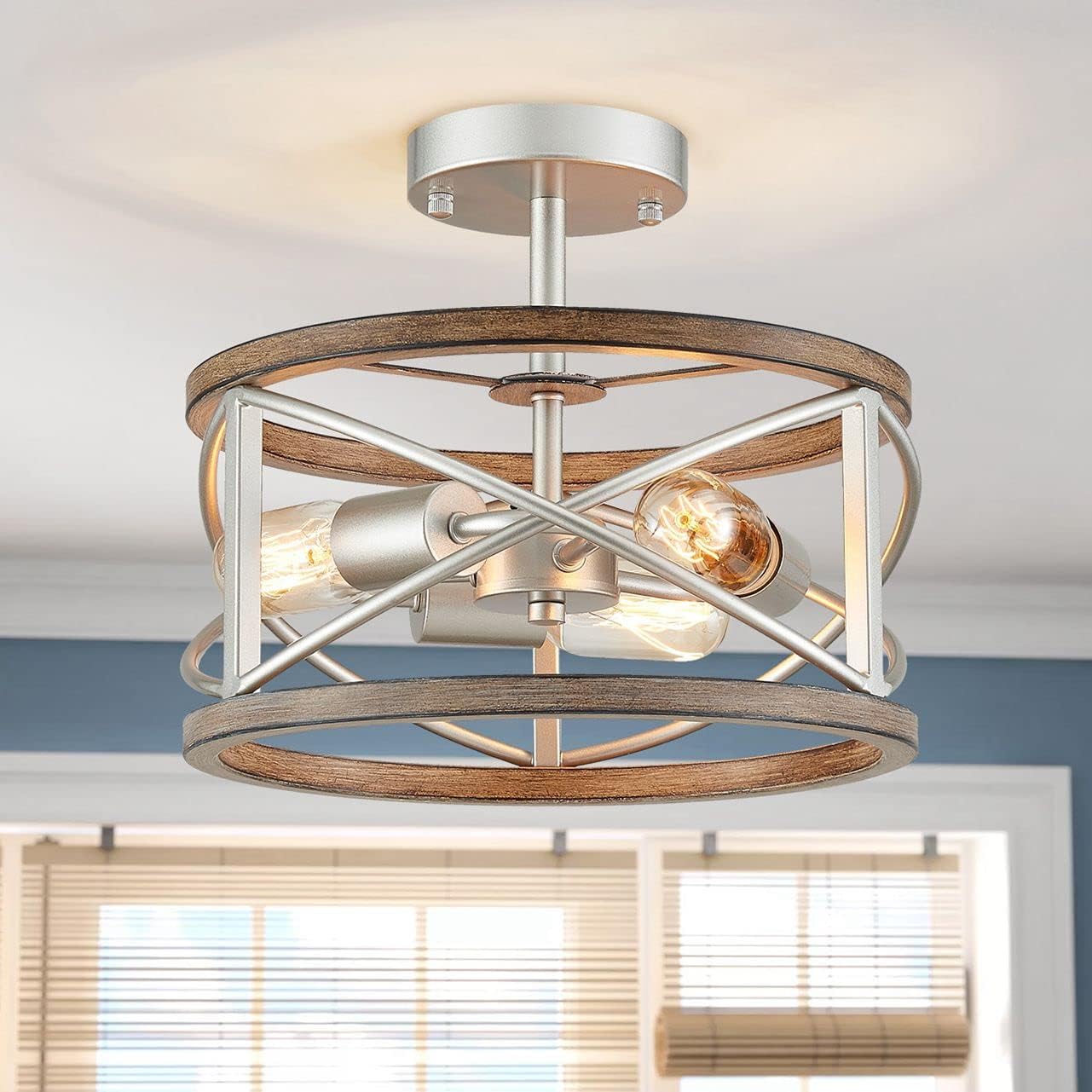 Vintage Farmhouse Black Chandelier — 3-Light — Nickel, Wood Imitation