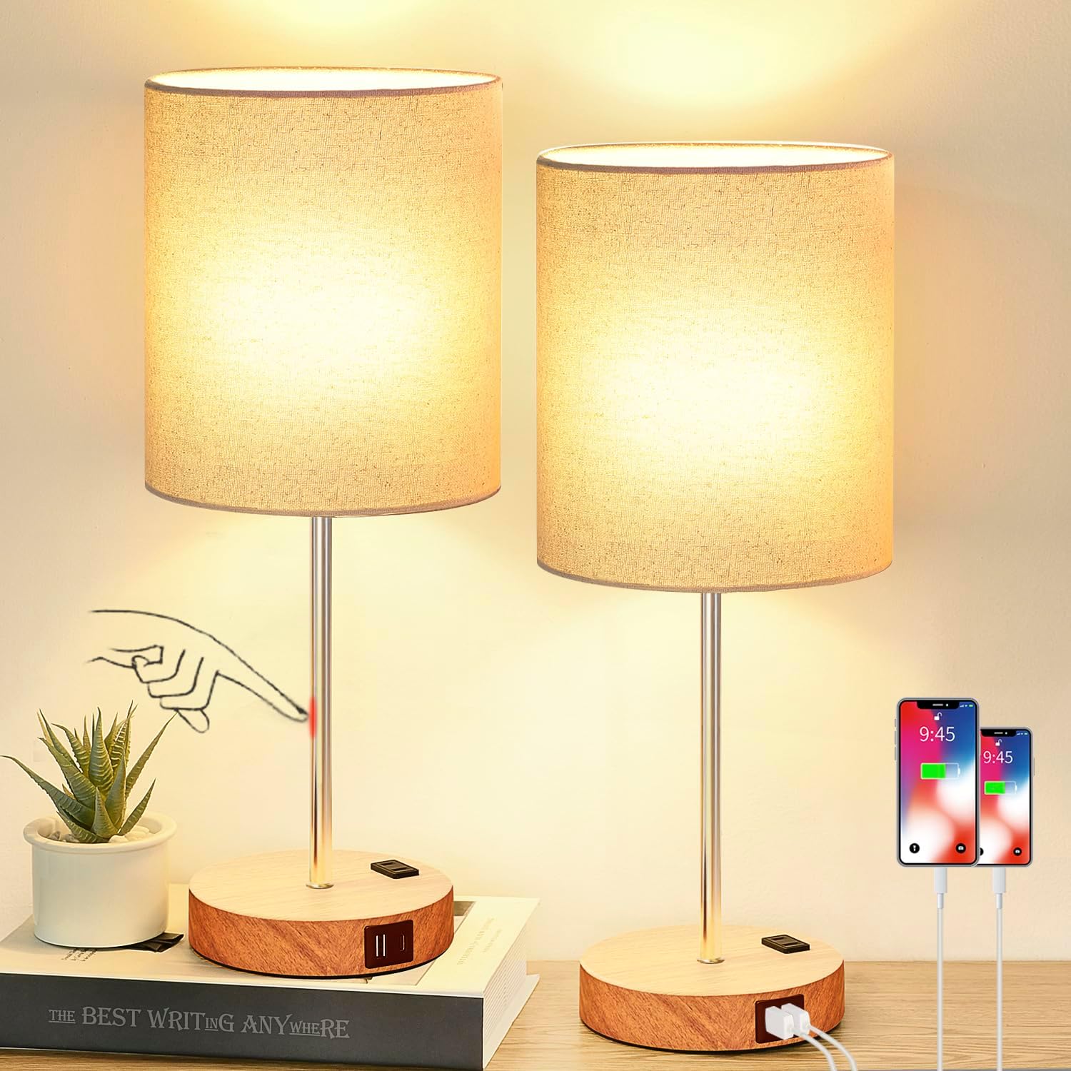 Dimmable Beige Smart Bulb — Set of 2 — (2 Pack)Beige & Wood(Base)-2700K Bulbs Included