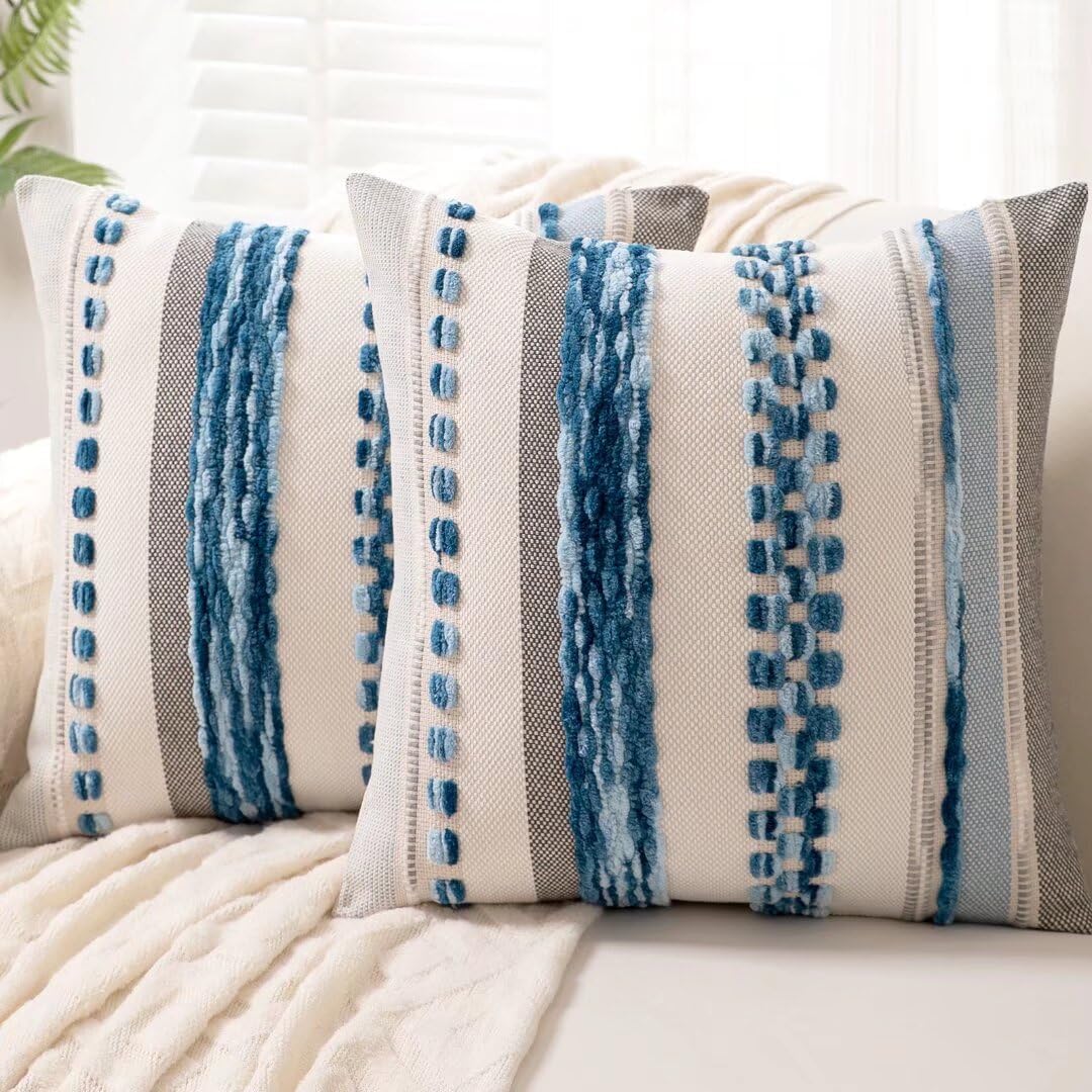 Chenille Boho Black Throw Pillow Cover — 18" — Sky Blue Stripe