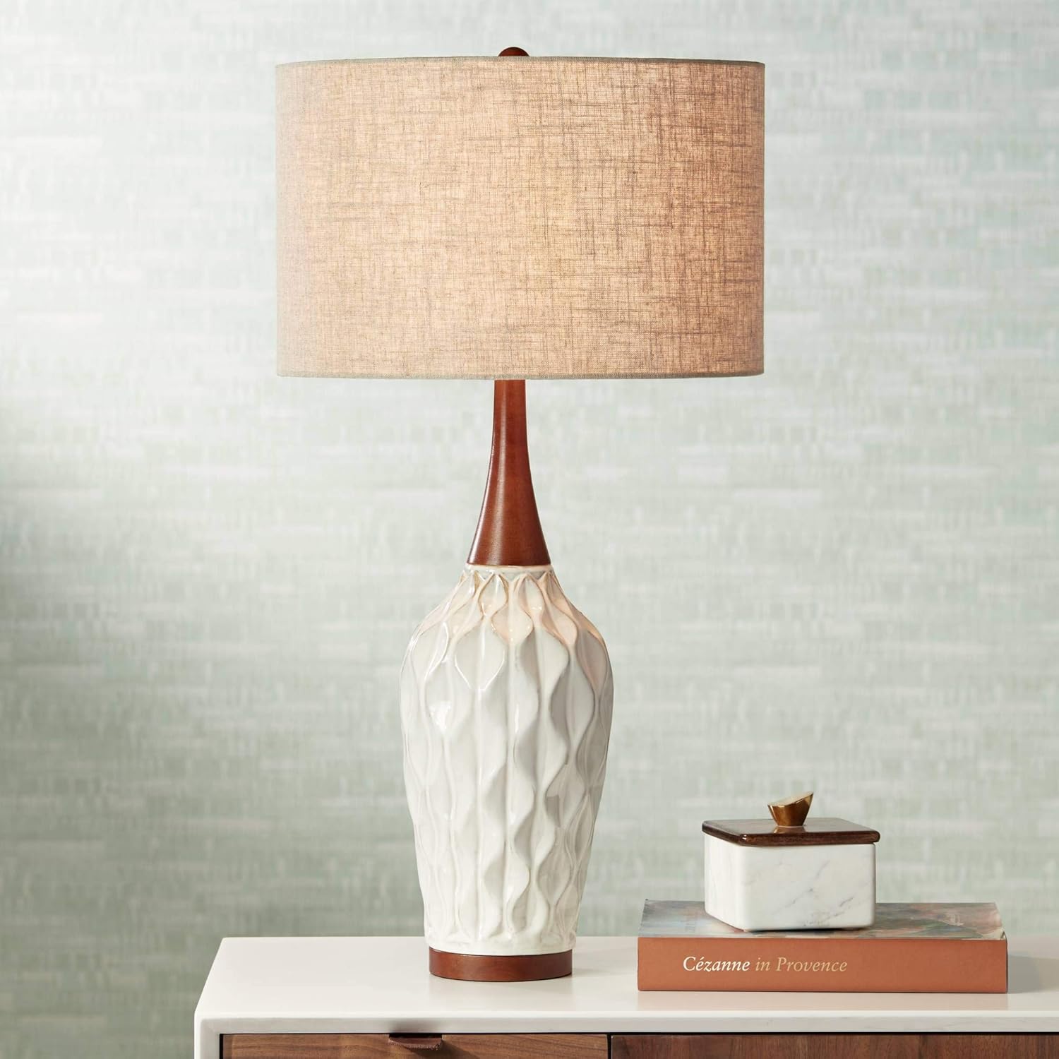 Linen Mid-Century Blue Table Lamp — 30" — White Ceramic