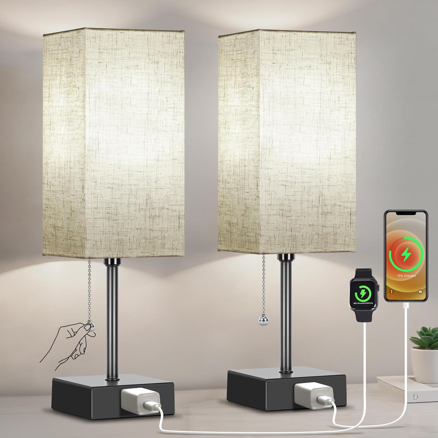 Black Bedside Lamp — 15" — Flaxen Shade-Black Base