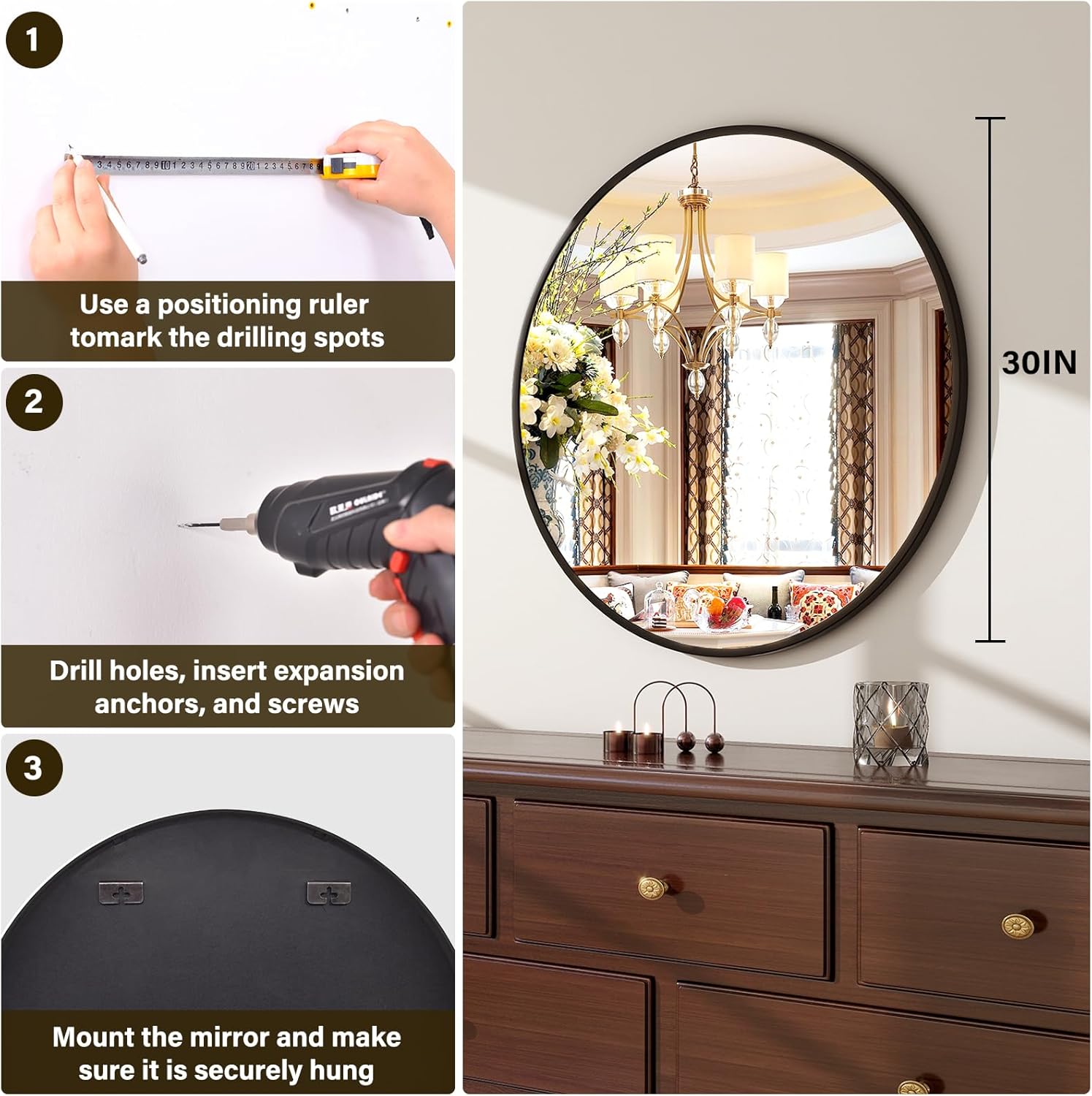 Round Modern Black Wall Mirror — 30" - View 5