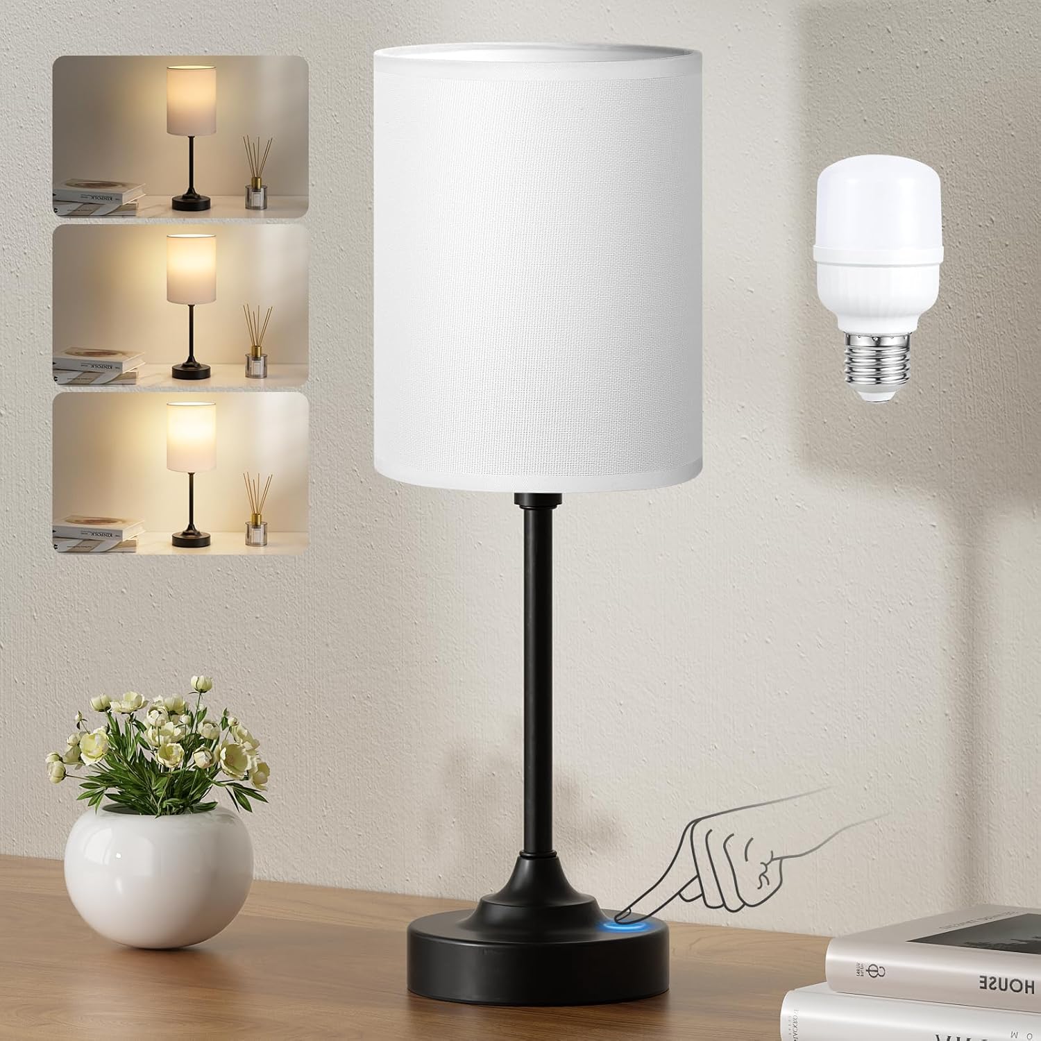 Dimmable Beige Table Lamp — 14" — White Shade-Black Base