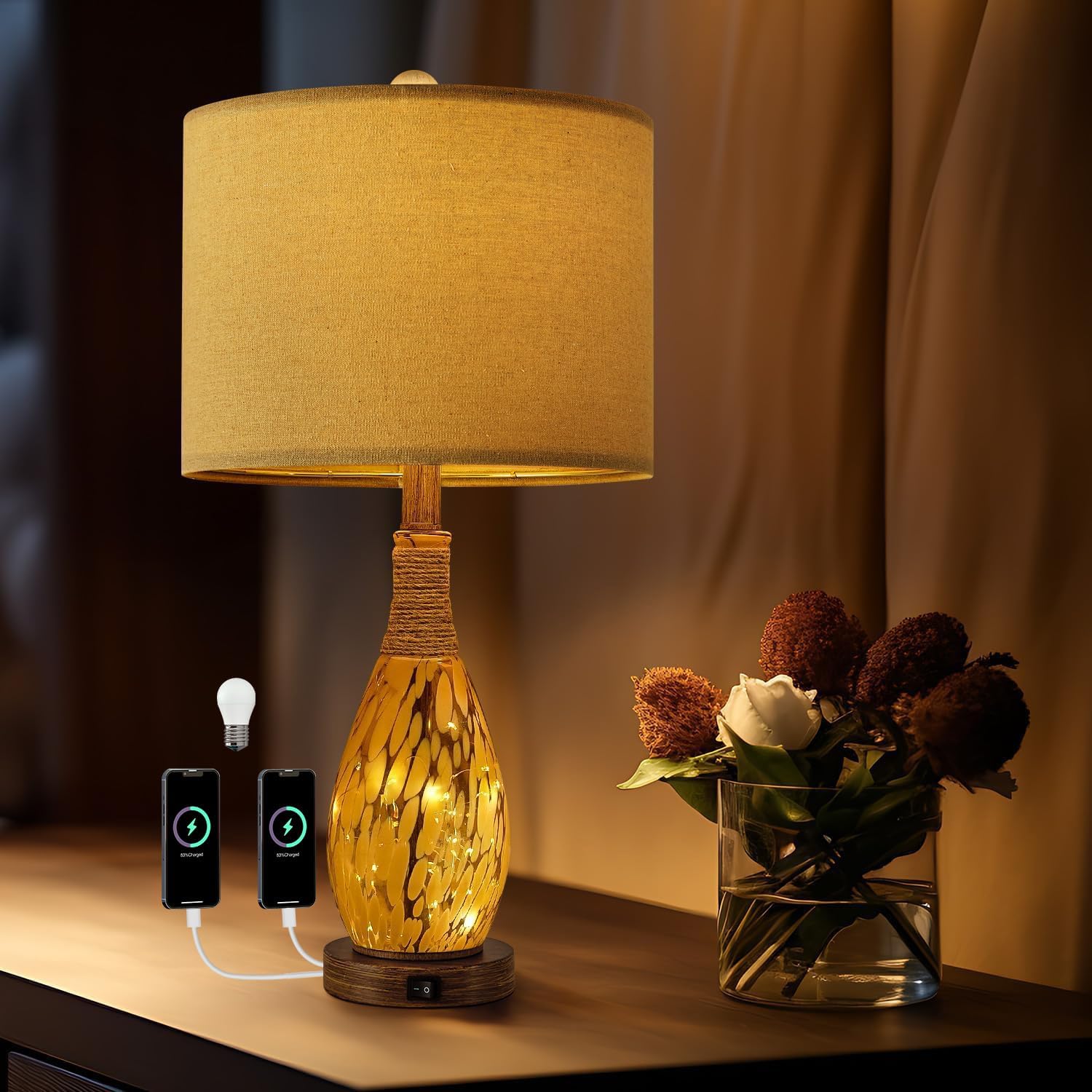USB Boho Black Bedside Lamp — Set of 2 — Wood Brown