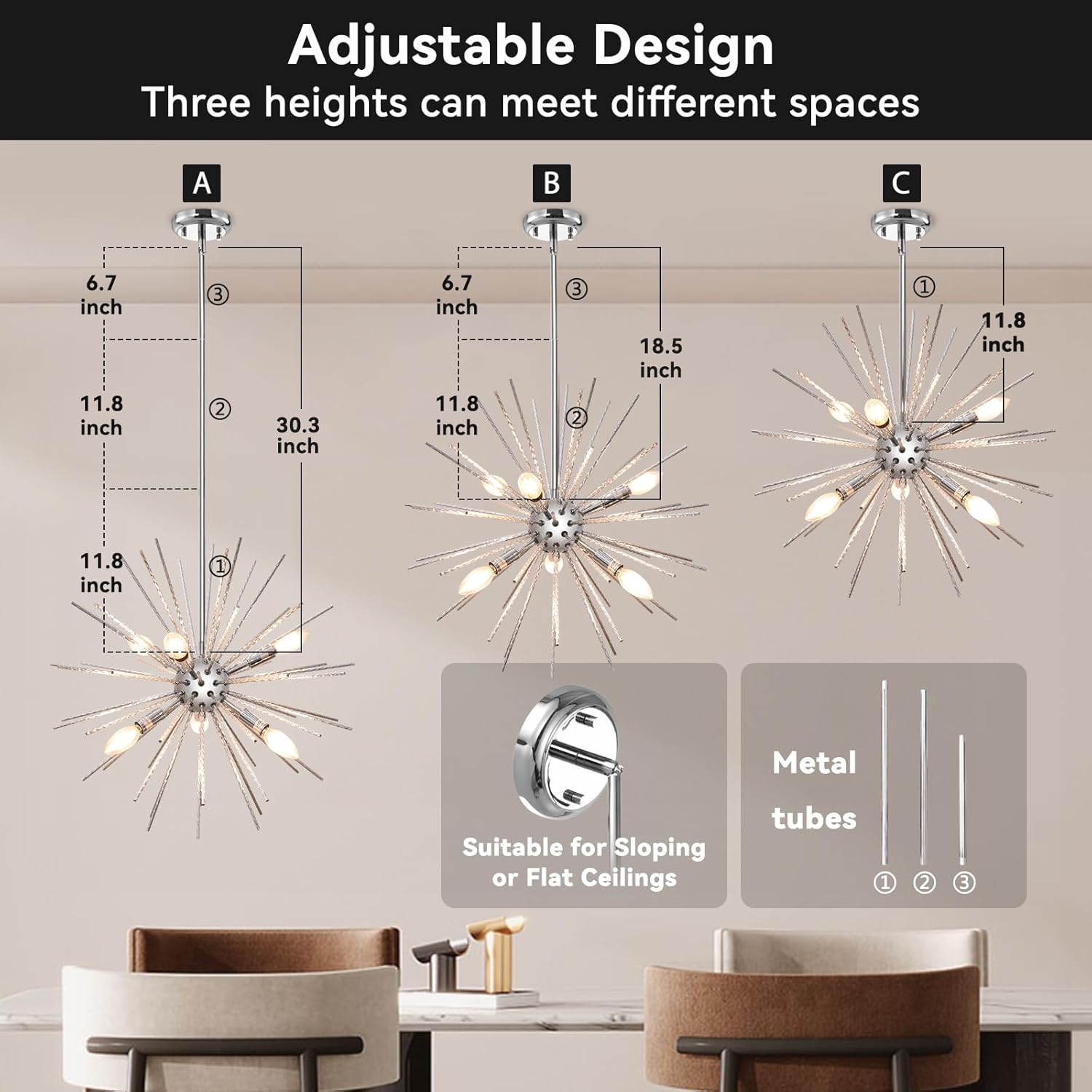 Modern Metal Chandelier — 6-Light - View 3