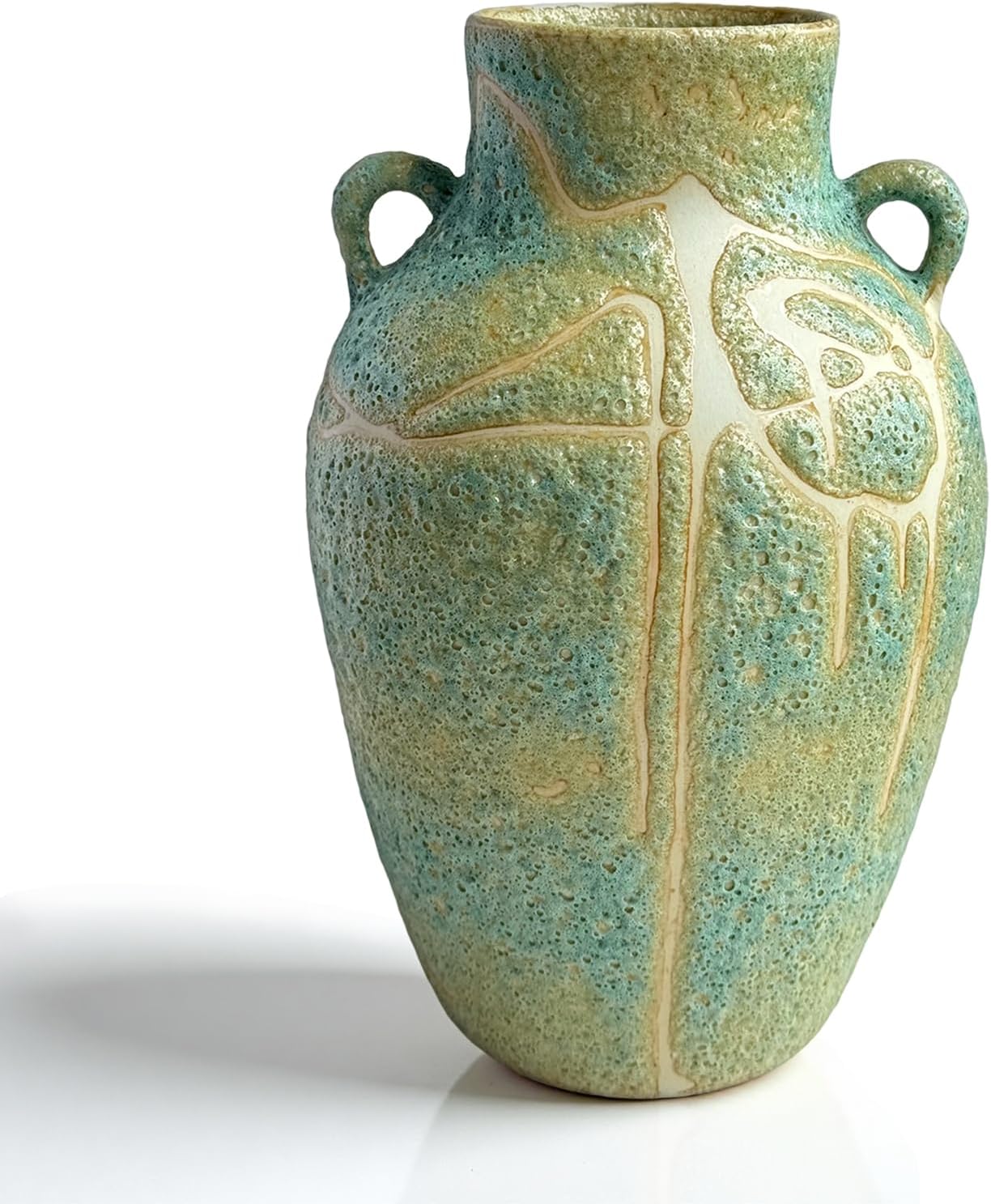 Handcrafted Boho Beige Flower Vase — 10" — Green Bubble Glaze