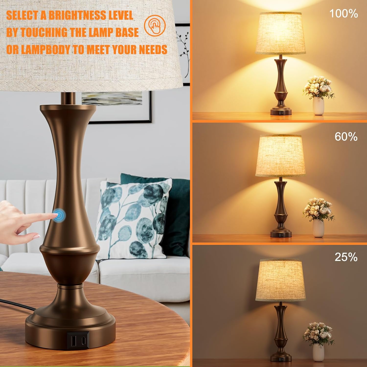Dimmable Beige Bedside Lamp — Set of 2 - View 2