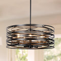 Round Farmhouse Black Chandelier — 6-Light — Black with Retro Wood Texture Interior