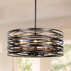 Round Farmhouse Black Chandelier — 6-Light — Black with Retro Wood Texture Interior