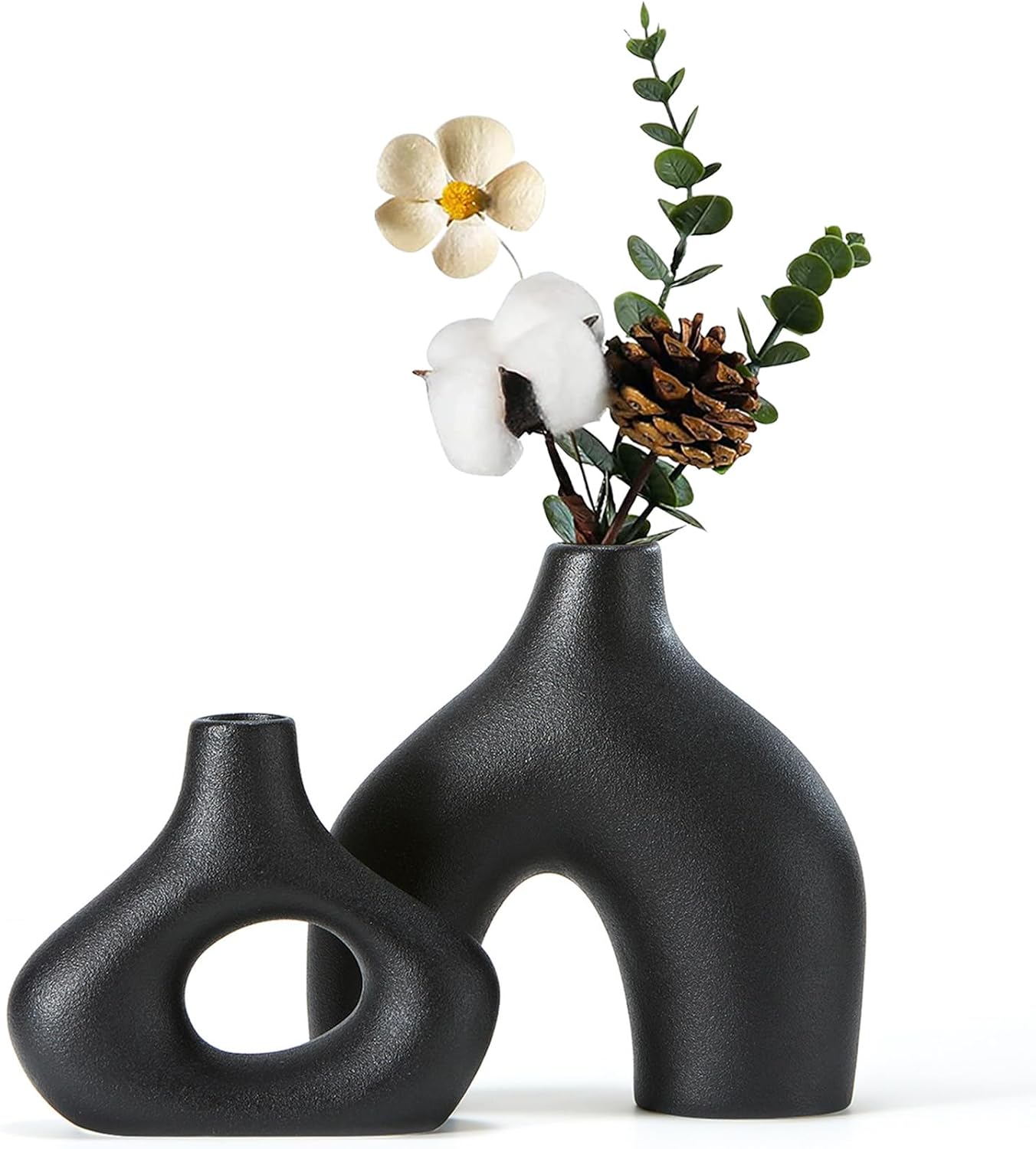 Round Boho Beige Vase Set — Set of 2 — Black