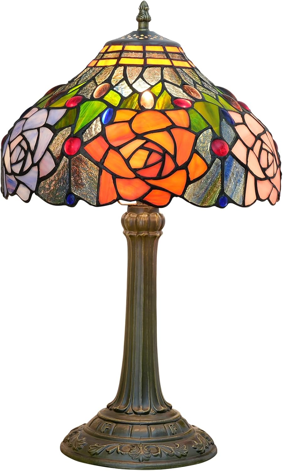 Vintage Blue Desk Lamp — 12" — Red Yellow Rose Floral