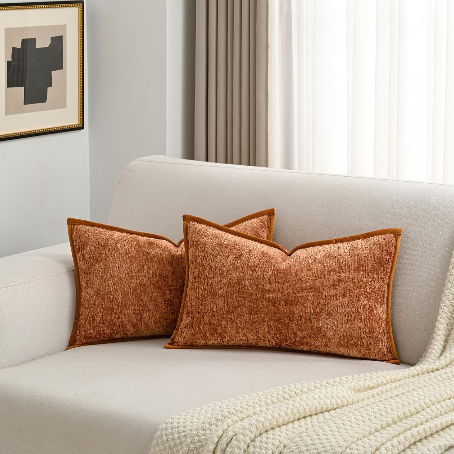 Chenille Beige Throw Pillow Cover — 20" — Rust