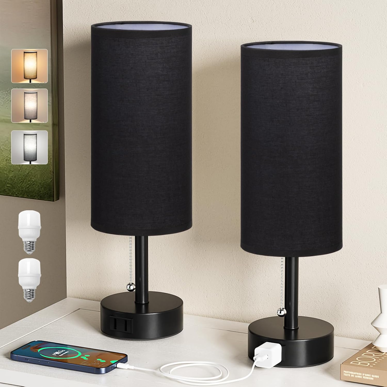Round Beige LED Bulb — Set of 2 — Black