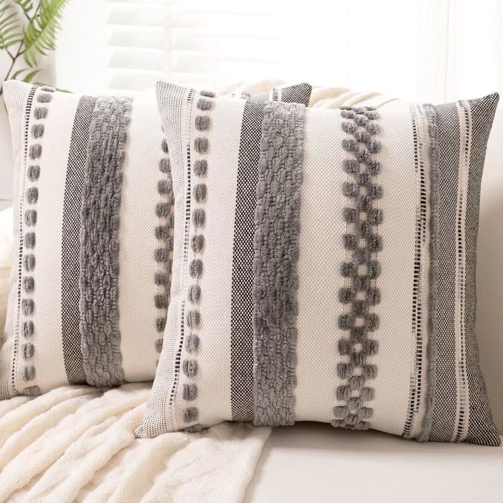 Chenille Boho Black Throw Pillow Cover — 18" — Gray Stripe