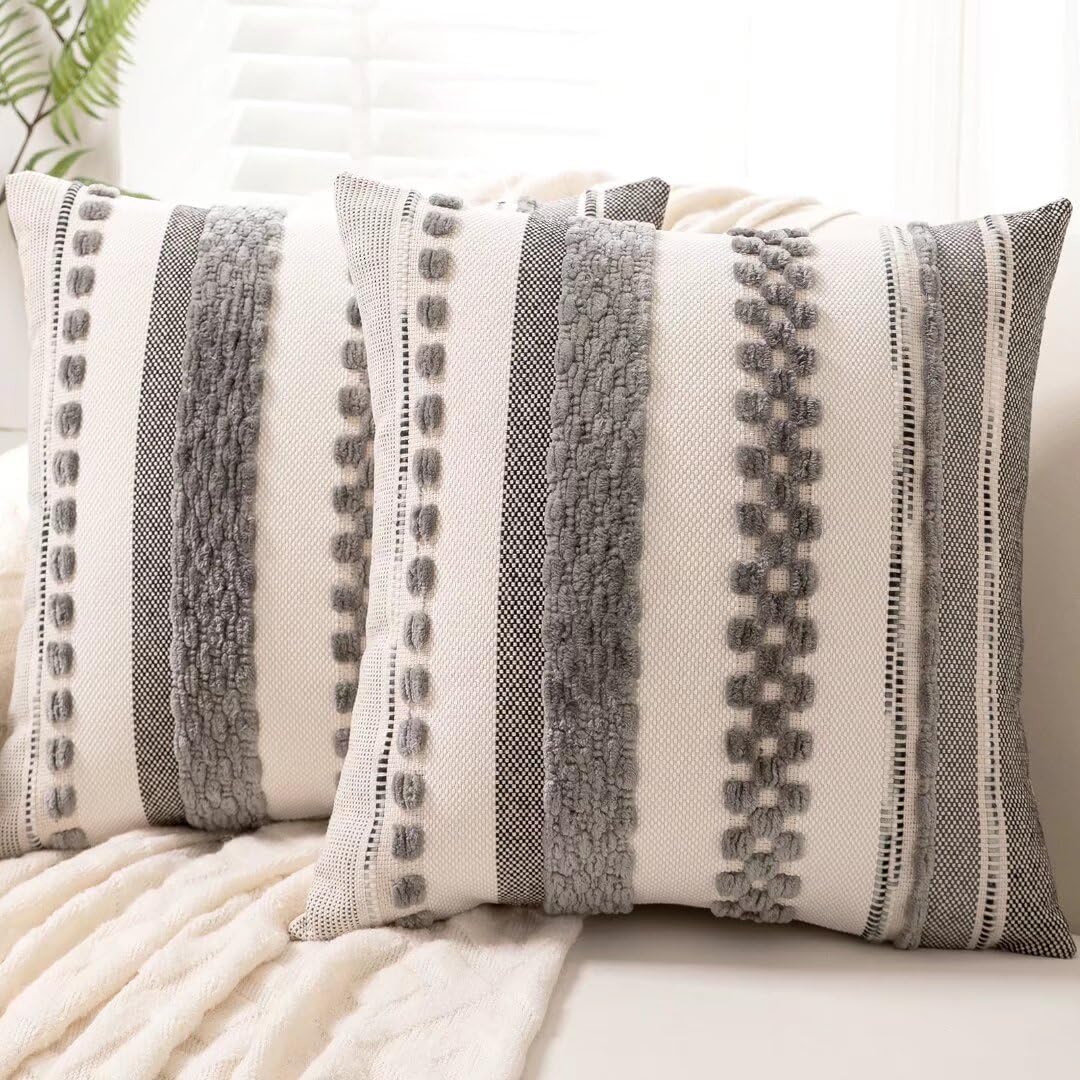 Chenille Boho Black Throw Pillow Cover — 18" — Gray Stripe
