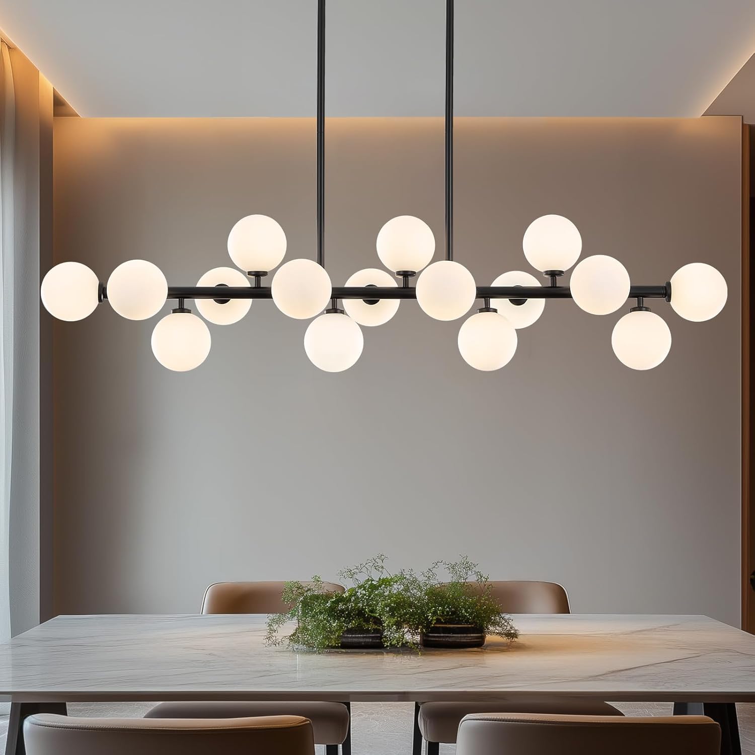 Mid-Century Black Chandelier — 16-Light — Black (with White Lampshade)