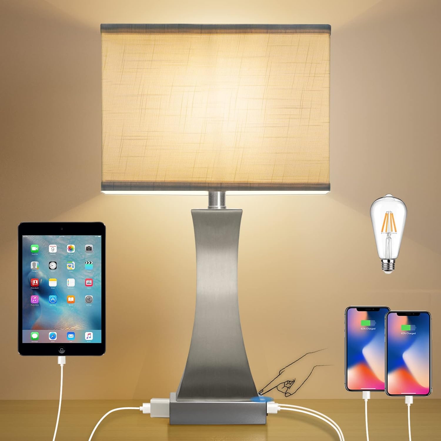 Dimmable Black Bedside Lamp — 21.6" — Brushed Nickel