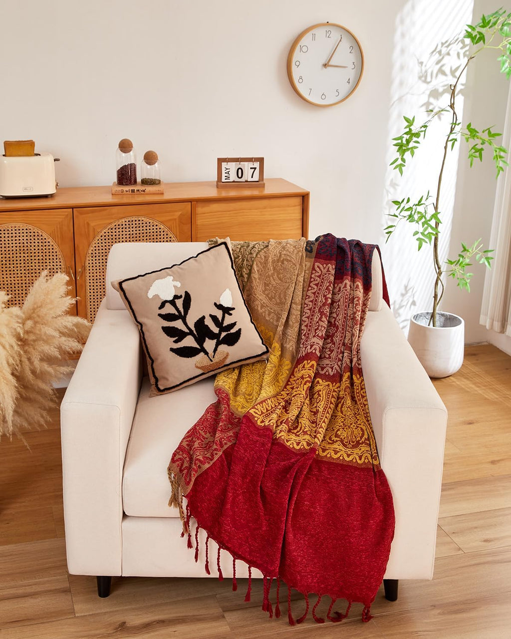 Chenille Boho Beige Throw Pillow — 60" - View 3