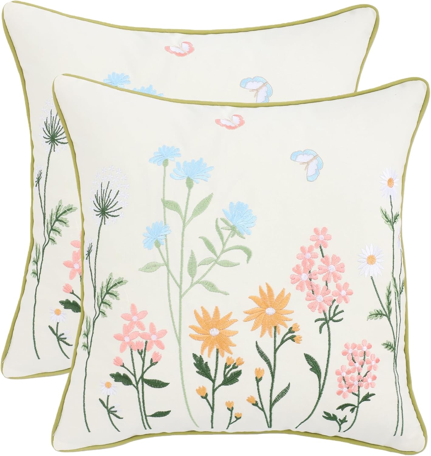 Embroidered Boho Green Throw Pillow Cover — 20" — Butterfly & Flowers