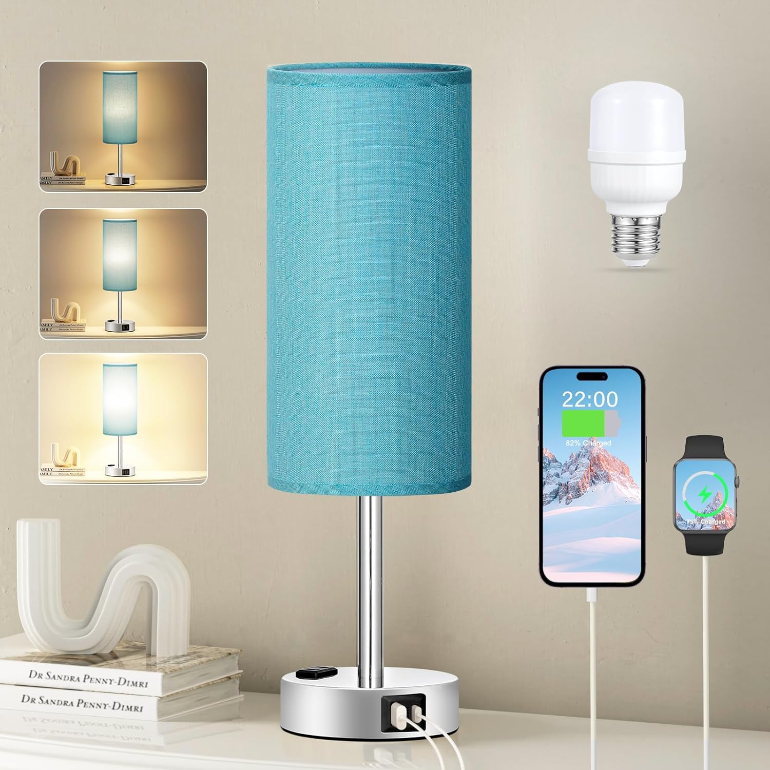 Dimmable Beige Table Lamp — 14" — Turquoise - Silver